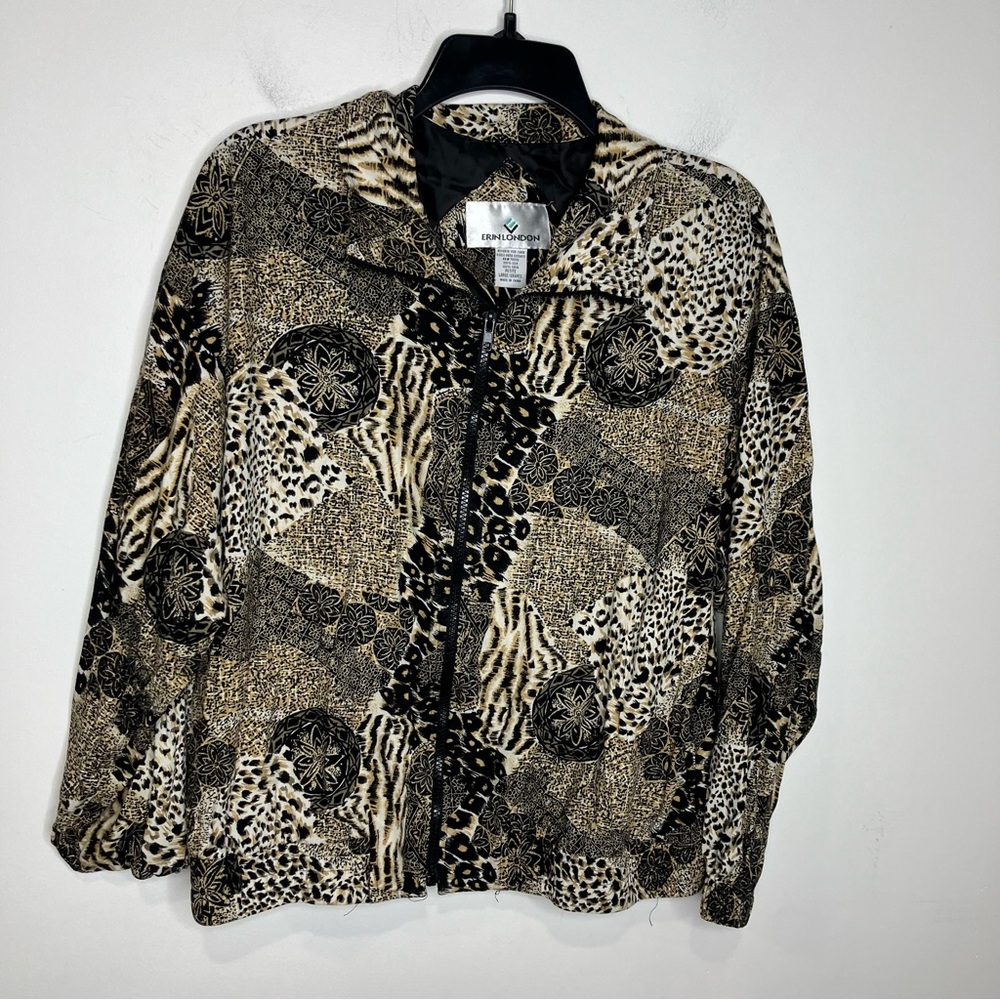 Erin London 100% silk animal print full zip jacket women's size large petite